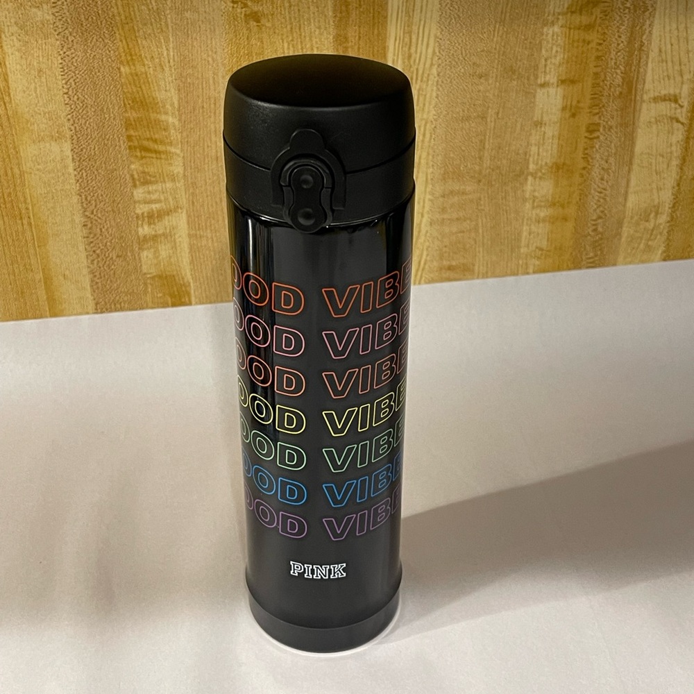 Victoria’s Secret Pink Good Vibes Black Rainbow Thermos Water Bottle Flip Lid